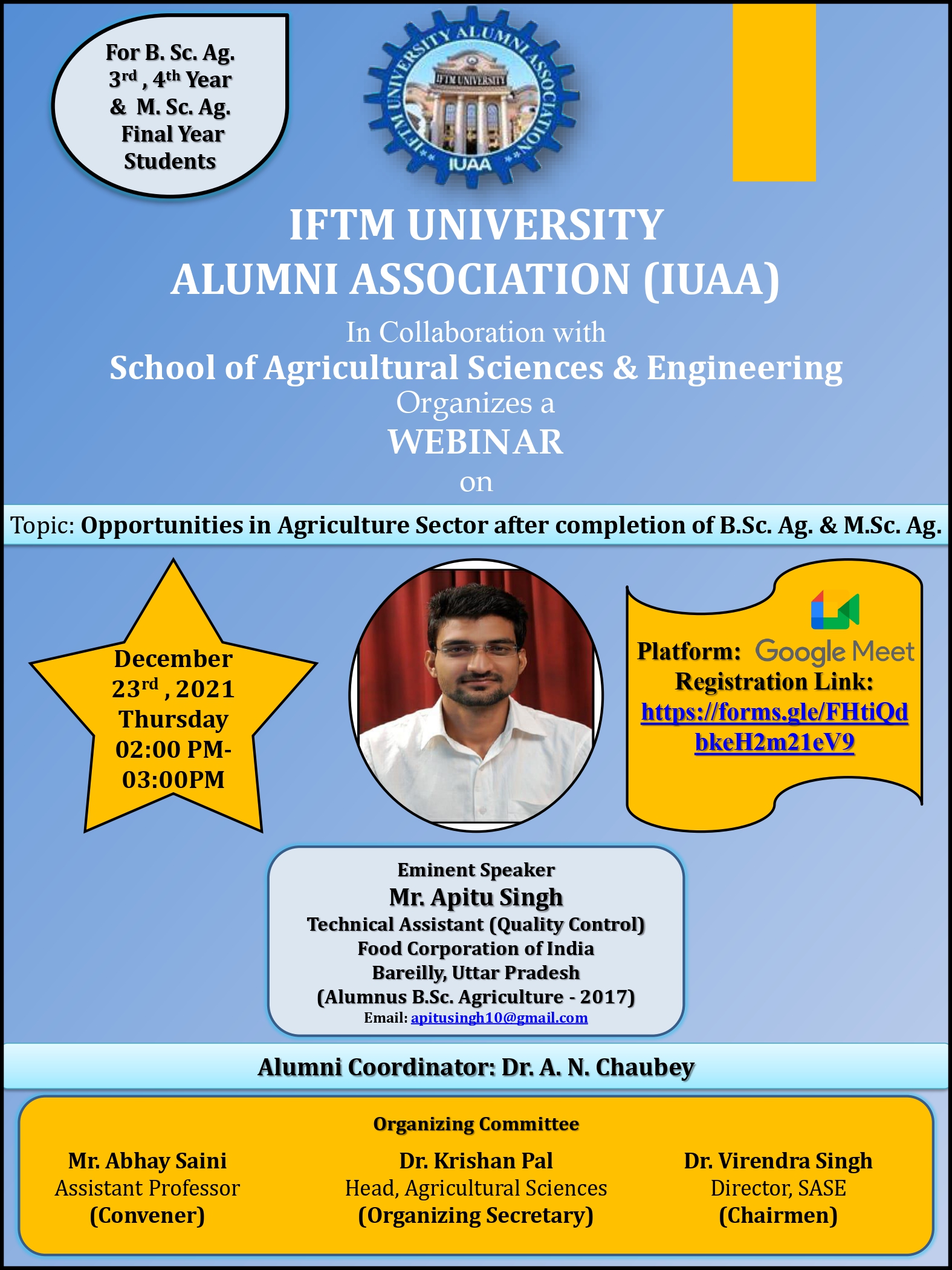 Webinar on Opportunities in Agriculture Sector after Completion of B.Sc. Ag. & M.SC. Ag