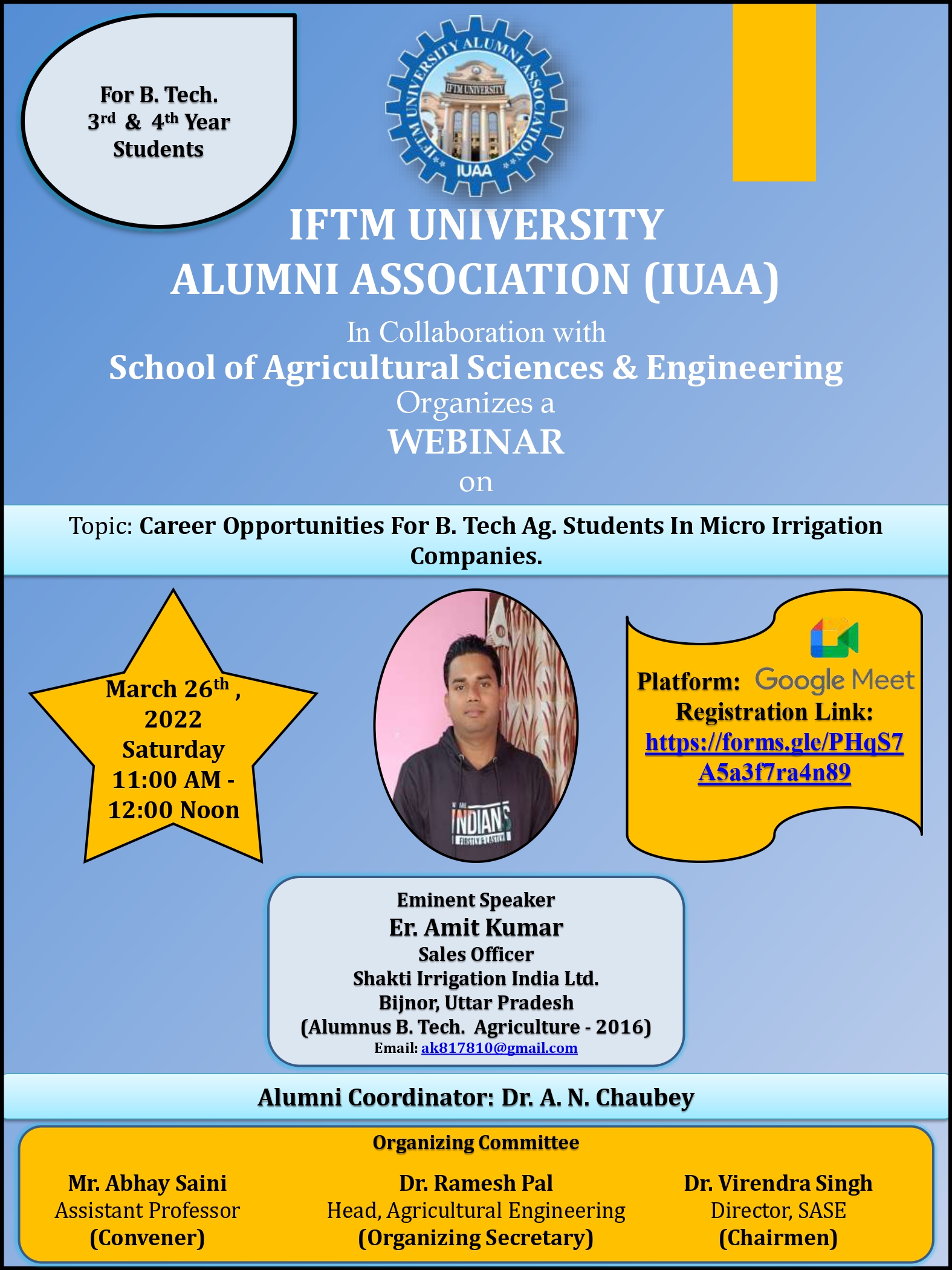 Webinar on Career Opportunities for B.Tech Agricultural Students in Micro Irrigation Companies