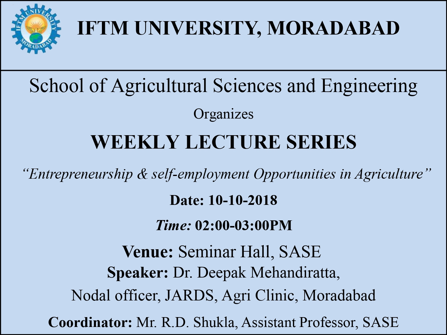 Weekly Lecture Series: “Entrepreneurship & self-employment Opportunities in Agriculture”