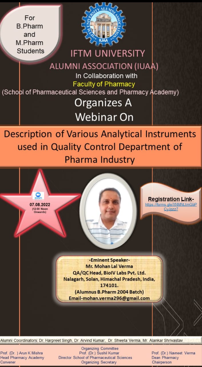 Webinar on Description of Various Analytical Instruments used in Quality Control Department of Pharma Industry