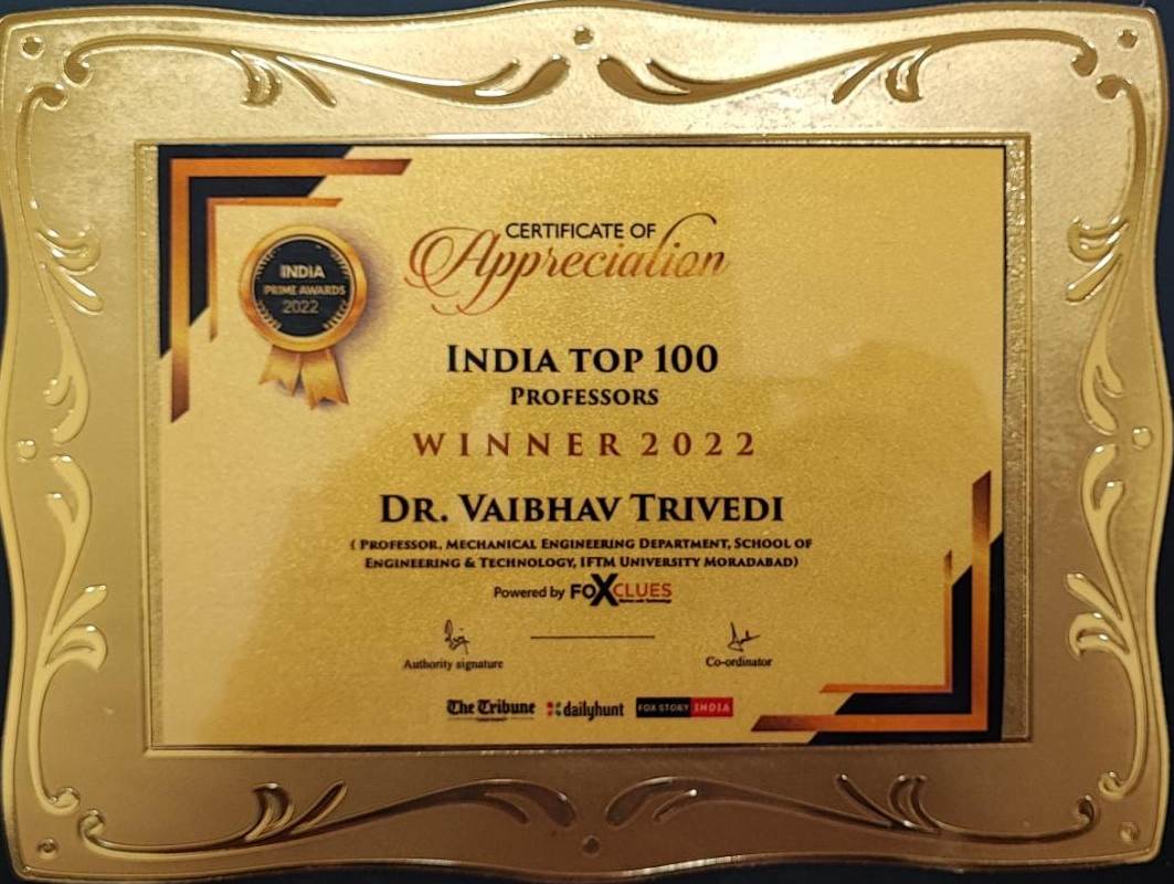 India Top 100 Professors winner Award 2022